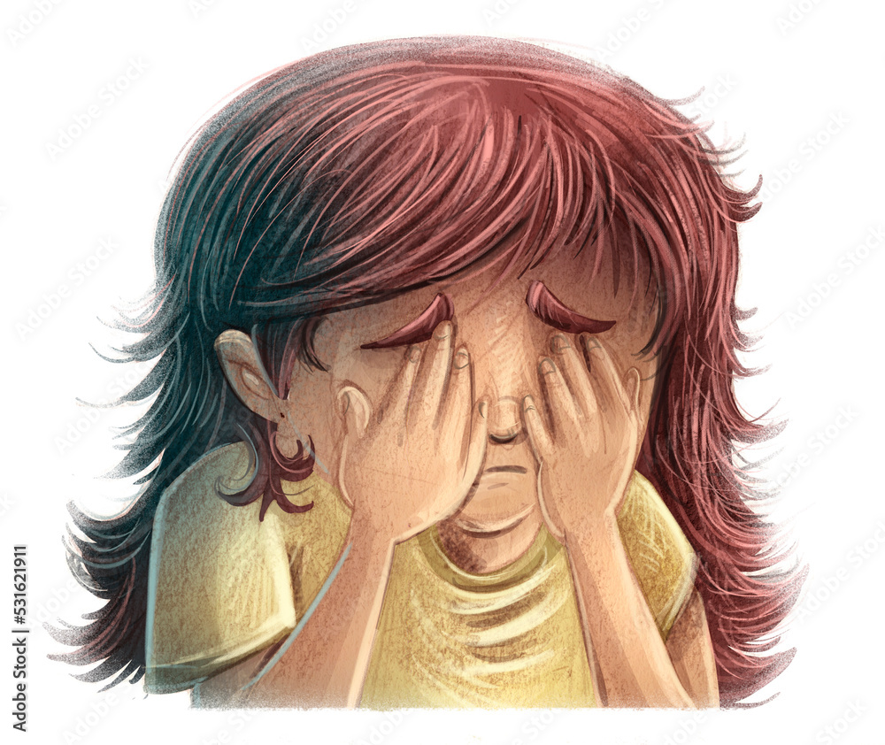Illustration of girl crying very sad and depressed - obrazy, fototapety, plakaty 