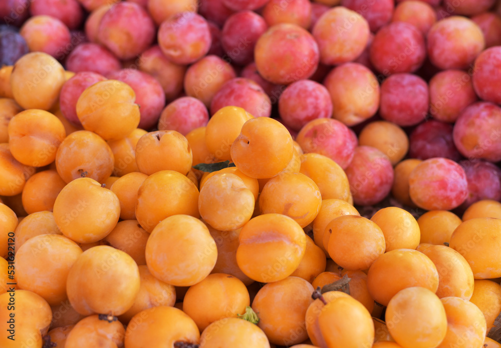 Assortment of cherry plums on the counter Assortment of cherry plums on the counter