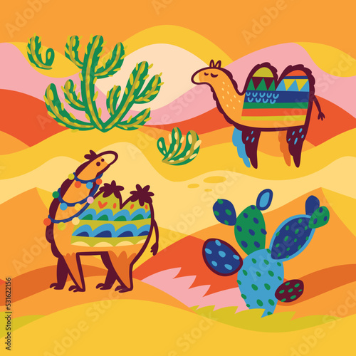 Decorative style illustration of camels and cactuses