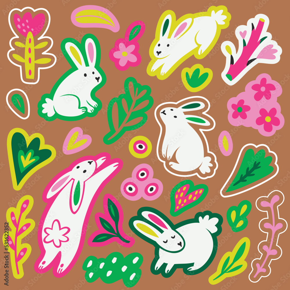 White rabbits, flowers and leaves sticker set isolated on brown background