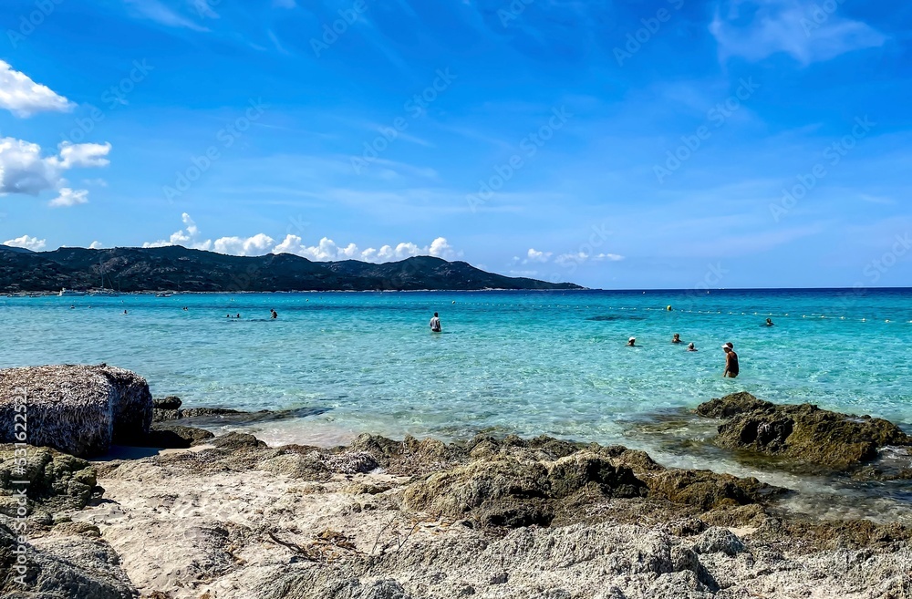 View from the path to the beautiful Saleccia beach (Plage de Saleccia) near Saint Florent. Beach with crystal clear sea water, Corsica, France.