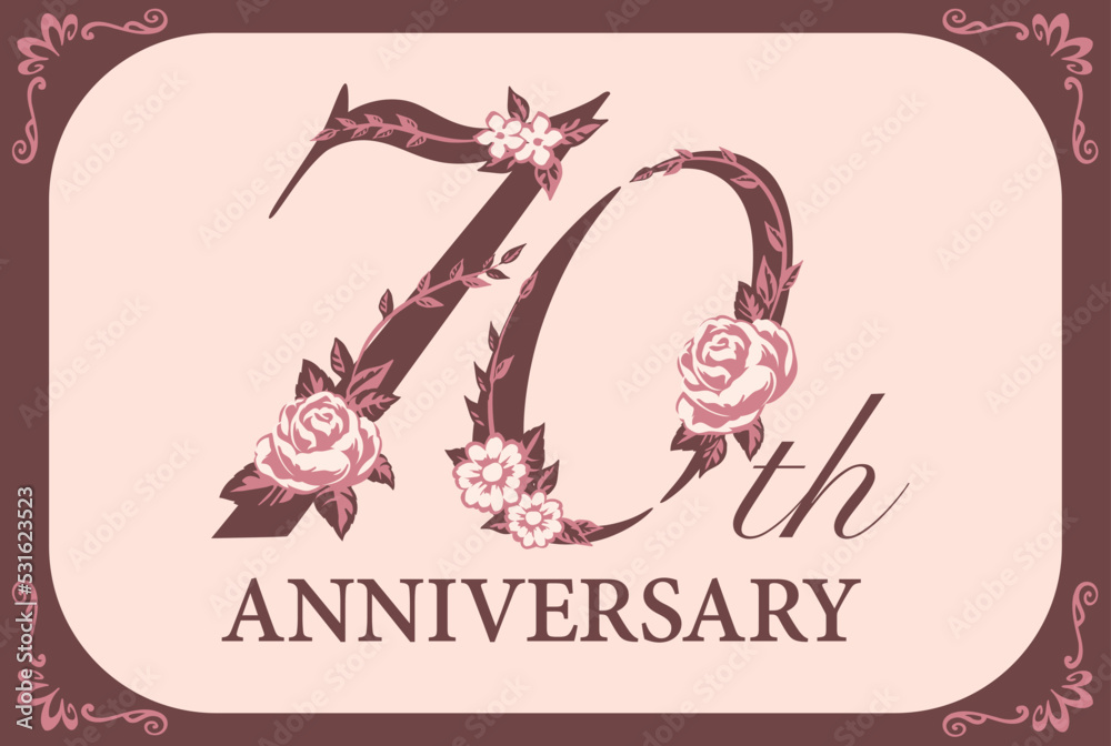 Obraz premium 70周年アニバーサリーのデザイン素材。花を使った数字フォント。ベクター。