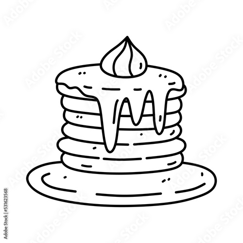 Cute pancakes with syrup and cream isolated on white background. Vector hand-drawn illustration in doodle style. Perfect for cards, decorations, logo, menu.