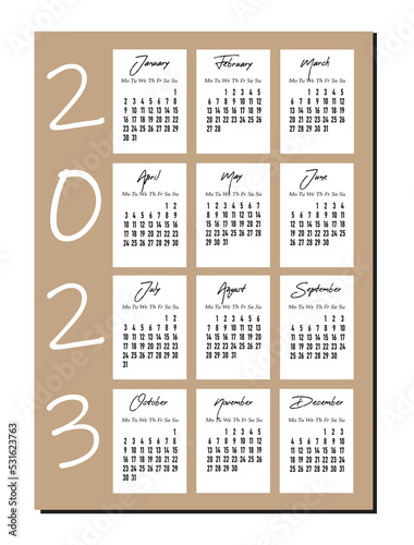 2023 calendar, vertical calendar 2022 template in pink pastel colors, the week starts on Monday