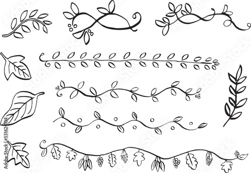 Clipart of leaf decoration drawn by pen in black and white.