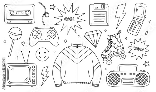 Doodle set of items from the nineties - retro cassette tape, sports jacket, tape recorder, roller skate, TV, joystick, floppy disk, cool and wow stickers, lightnings, diamonds. Nostalgia for the 1990s