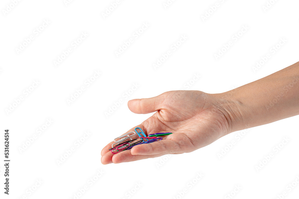 Hand and colorful paper clips isolated on white background Hand and colorful paper clips isolated on white background