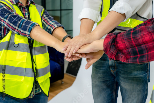 Collaborate for business and services Volunteering or teamwork Connecting Community and Charity Ideas Happy people or team participation. A team that is joining hands to join forces.