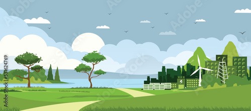 natural environment scenery background Along the lake with a path surrounded by nature. cartoon nature vector scene countryside with clear sky in the morning
