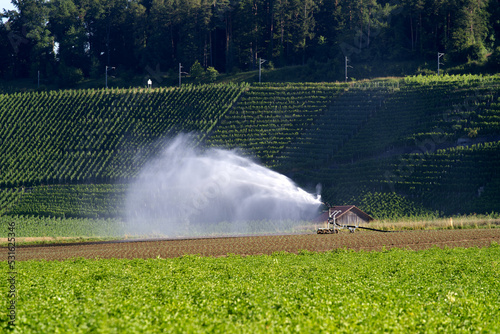 Irrigation of agricultural field with sprinkler system at rural village Kleinandelfingen, Canton Zürich, on a sunny summer day. Photo taken July 1th, 2022, Andelfingen, Switzerland.