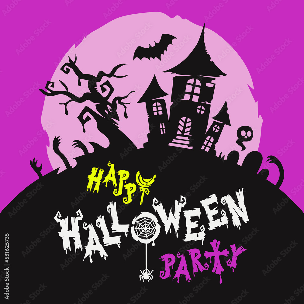 Happy Halloween Party Purple Poster with Creepy House
