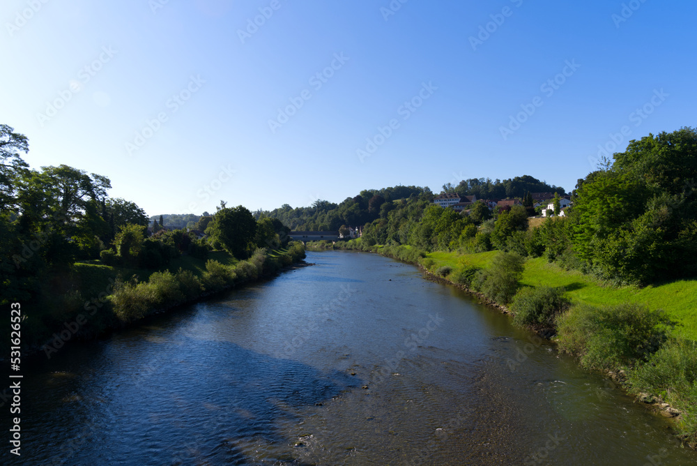 Scenic view of Thur River at rural village Andelfingen, Canton Zürich, on a sunny summer day. Photo taken July 12th, 2022, Kleinandelfingen, Switzerland.