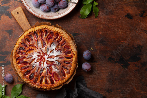 Homemade plum pie. Fruit tart with seasonal fruits