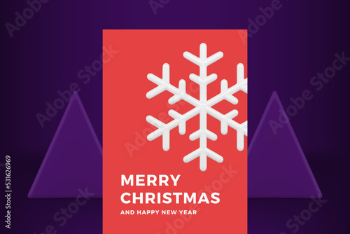 White ornamental snowflake Merry Christmas red greeting card template realistic 3d icon vector