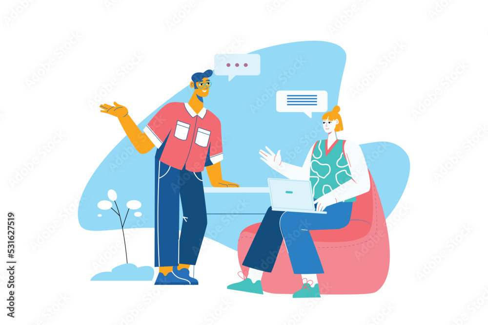 Fototapeta premium Blue concept Business meeting with people scene in the flat cartoon design. Business partners resolve important issues during a meeting. Vector illustration.