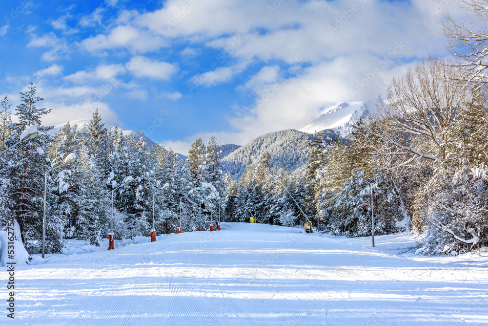 Bansko, Bulgaria perspective of groomed ski run slope, forest and mountain peaks panorama