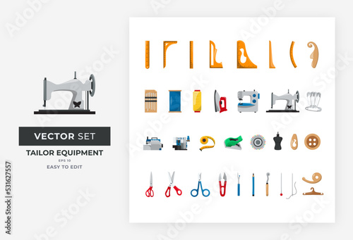 Tailor kit set vector illustration. collection of sewing tools, sewing scissors, clothes models, sewing thread, sewing needles, sewing machines. suitable for tailor, fashion, textile, cloth company.