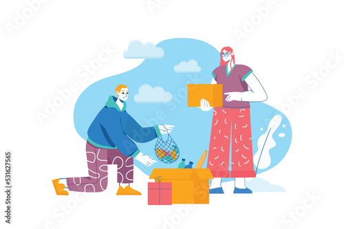 Donation blue concept with people scene in the flat cartoon design. Boy brought food and unnecessary things to the volunteer center. Vector illustration.