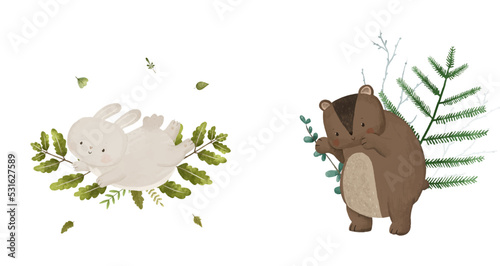 cute childish composition with forest animal and leaves, plants, design and print