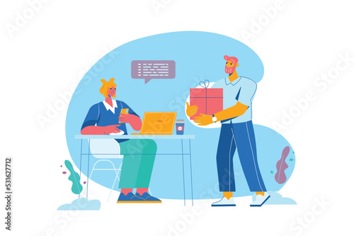 Post blue concept with people scene in the flat cartoon style. Man came to pick up the package from the post office. Vector illustration.