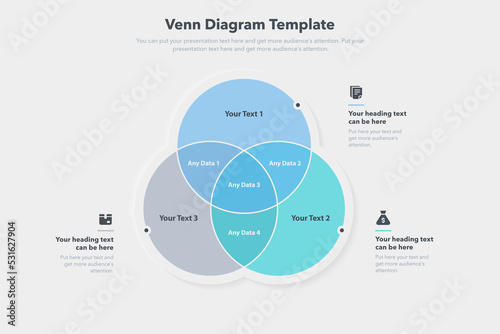 Venn diagram template with three ways and place for your content. Flat infographic design.