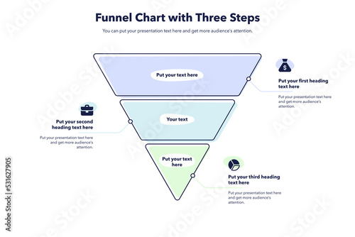 Funnel chart template with three colorful steps. Creative diagram divided into three steps with minimalistic icons.