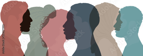 Silhouette profile group of men and women of diverse cultures. Diversity multicultural people. Concept of racial equality and anti-racism. Multiethnic and multiracial society. Friendship