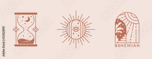 Boho logos. Vector set with sun, moon and hourglass.