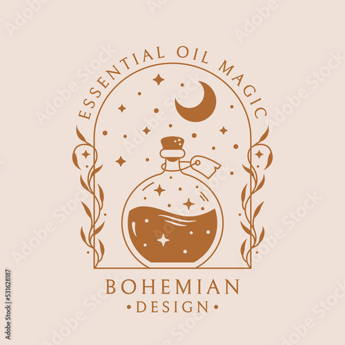 Magic potion logo template. Vector emblem for essential oils, aromatherapy, natural homemade perfume, botanical healing, homeopathy, etc. Trendy boho design with elixir bottle, stars and moon. photo