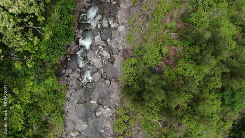 Wailuku river in Iao Valley. Aerial fly over. photo