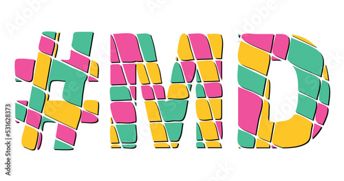 MD Hashtag. Tricolor isolated letters from contrast flowing fluid shapes. 3 colored Hashtag #MD is abbreviation for the US American state Maryland for social network, web resources, mobile app