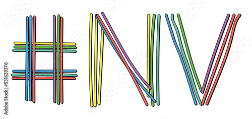 NV Hashtag. Isolate neon doodle lettering text from multi-colored curved neon lines like from a felt-tip pen, pensil. #NV is abbreviation for the US America state Nevada for banner, social network