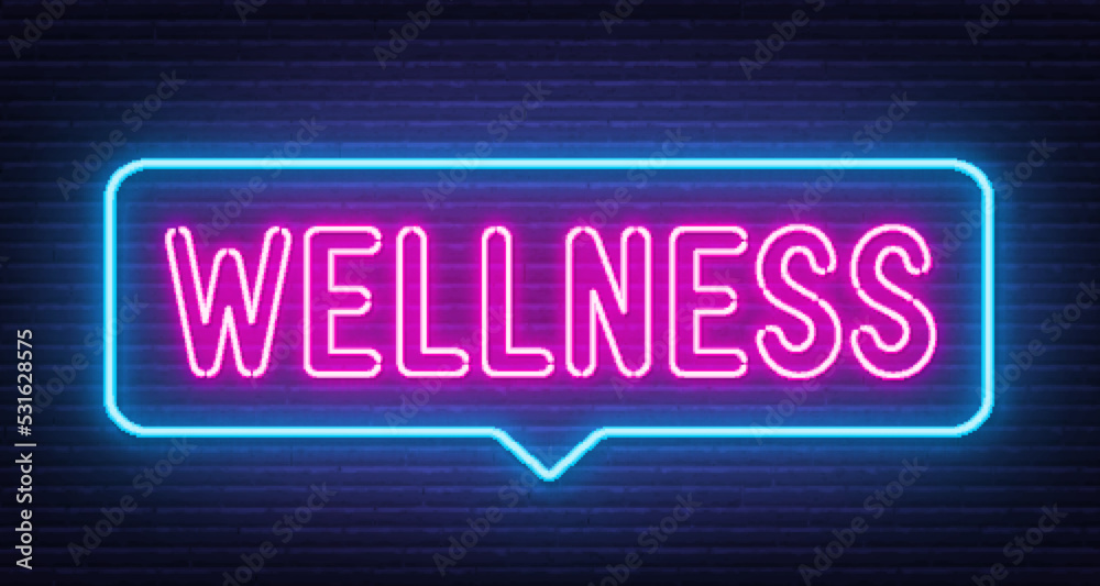 Wellness neon sign in the speech bubble on brick wall background. Wellness neon sign in the speech bubble on brick wall background.