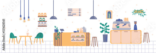 Coffee shop empty interior. Cafe or cafeteria with no people. Simple flat vector illustration