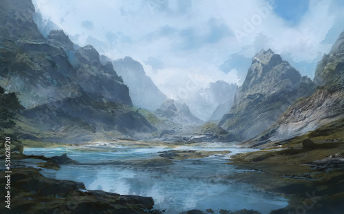 Fantastic Epic Magical Landscape of Mountains. Summer nature. Mystic Valley, tundra, forest. Game assets. Celtic Medieval RPG background. Rocks and grass. Beautiful sky and clouds. Lakes and rivers 