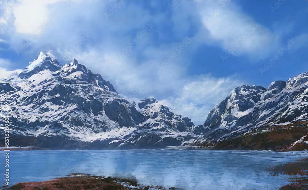 Fantastic Winter Epic Landscape of Mountains. Celtic Medieval forest. Frozen nature. Glacier in the mountains. Mystic Valley. Artwork sketch. Gaming RPG background.		
