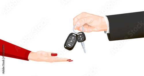 Hands giving keys with keyring of new car, automobile. Woman, girl customer and agent at purchase sell, rent or get full car service. Realistic men hand in black suit with keys. vector illustration