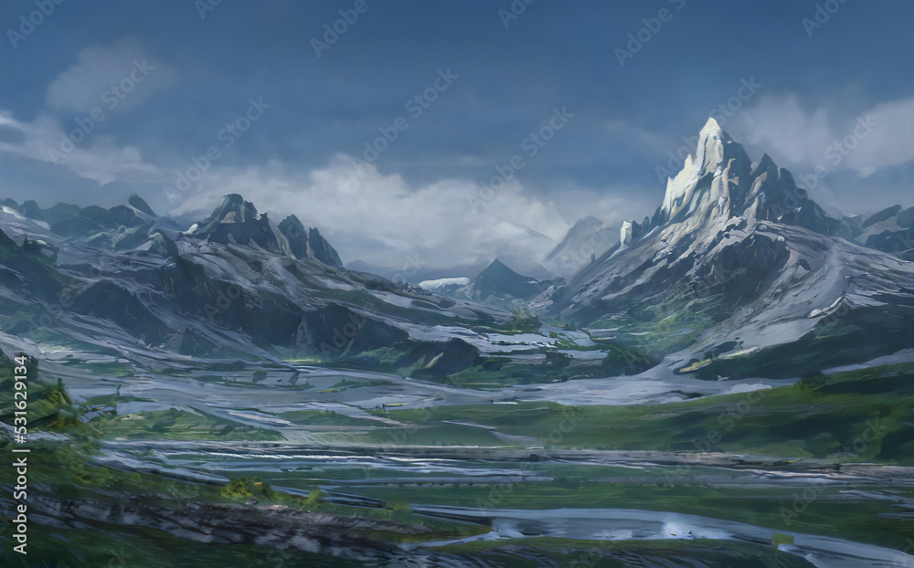 Fantastic Winter Epic Landscape of Mountains. Celtic Medieval forest. Frozen nature. Glacier in the mountains. Mystic Valley. Artwork sketch. Gaming RPG background.		