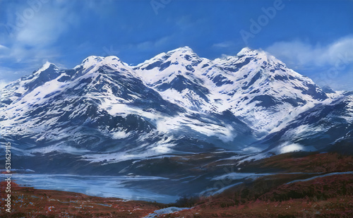 Fantastic Winter Epic Landscape of Mountains. Celtic Medieval forest. Frozen nature. Glacier in the mountains. Mystic Valley. Artwork sketch. Gaming RPG background. 