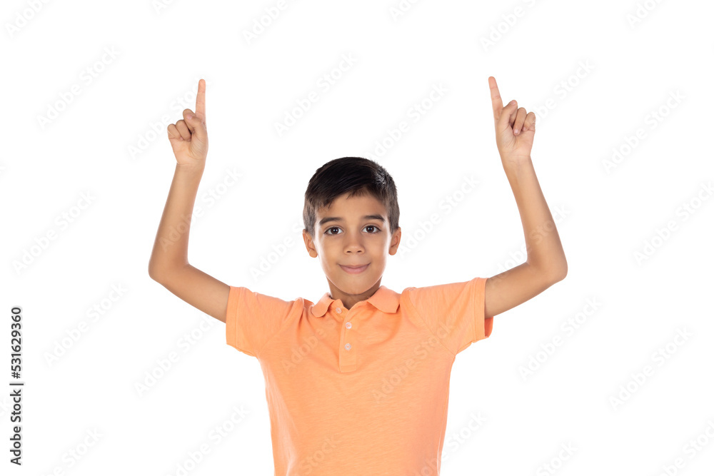 Smiling cute little boy standing and pointing away Smiling cute little boy standing and pointing away