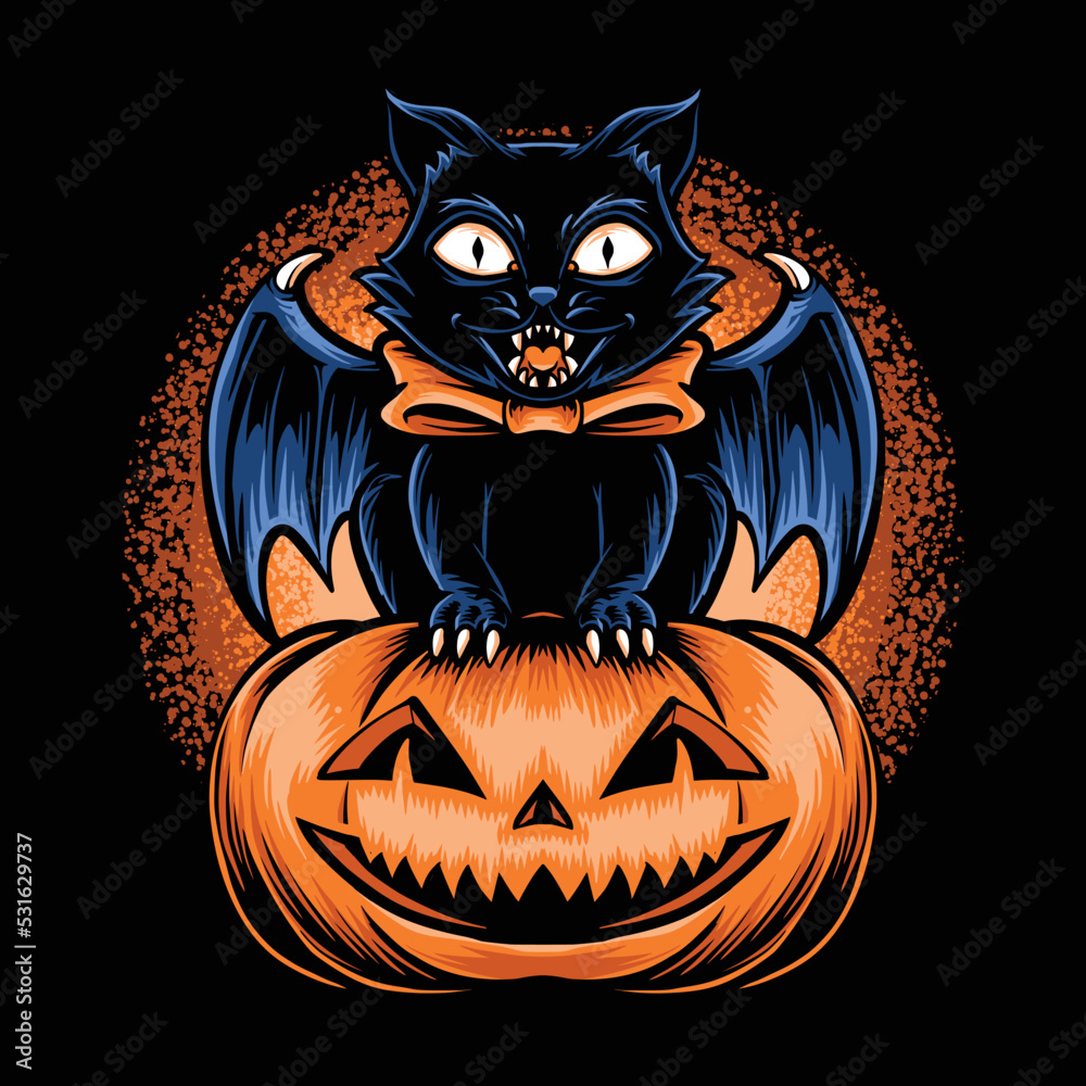 black cat with pumpkins head illustration