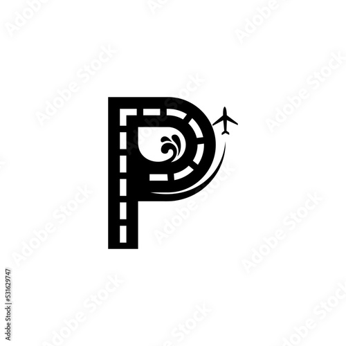 illustration of the letter P with roads, airports, sea, waves, runways and planes