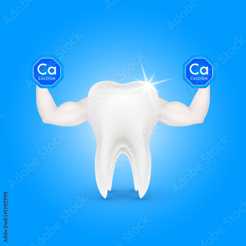 Tooth showing strong muscles powerful. Holding a dumbbell calcium blue. Vitamins minerals. Healthy teeth model isolated. Medical concept. Realistic 3D vector.