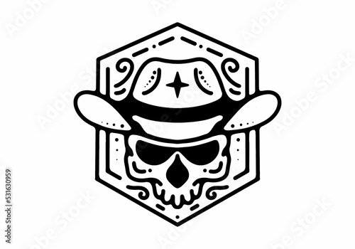 Skull with cowboy hat Black and white line art mono line tattoo