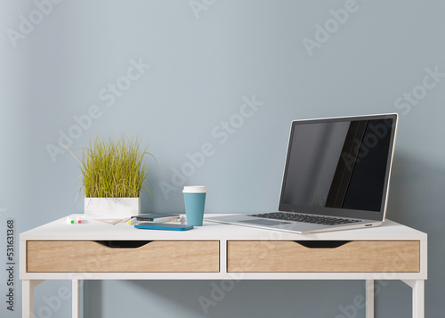 Laptop and smartphone on table at home. Distance education  courses  online training  learning concept. Work from home  working online. Shopping via internet. E-commerce. Modern interior. 3D render.