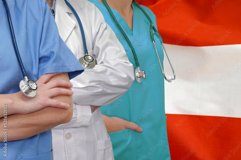 Three Doctors with stethoscope in standing on Austria flag background.  Close-up medical team. Group of doctors. Innovative technologies in science  and medicine, medical development in Austria Stock Photo | Adobe Stock