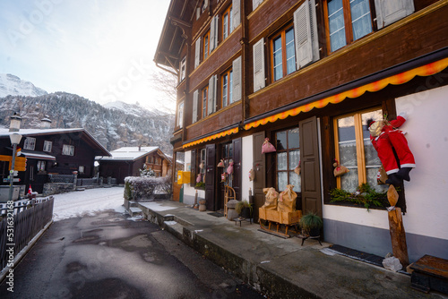 Gimmelwald , beautiful mountain village , wooden houses near Murren and Stechelberg during winter : Murren , Switzerland : December 3 , 2019