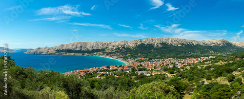 High angle view of coastline town Baska, Krk Island , Croatia