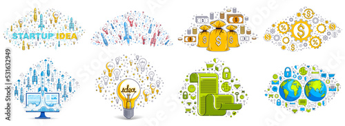 Different business money and finance concepts vector illustrations set, trendy design drawings commercial theme collection, a lot of icons and symbols included, elements can be used separately.