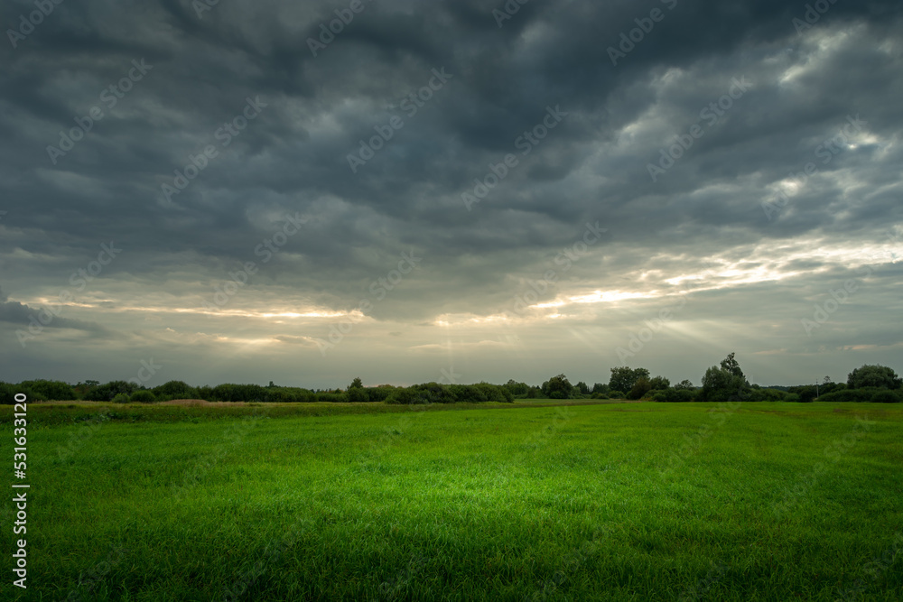 Lumen of sunlight on a cloudy sky and a green meadow